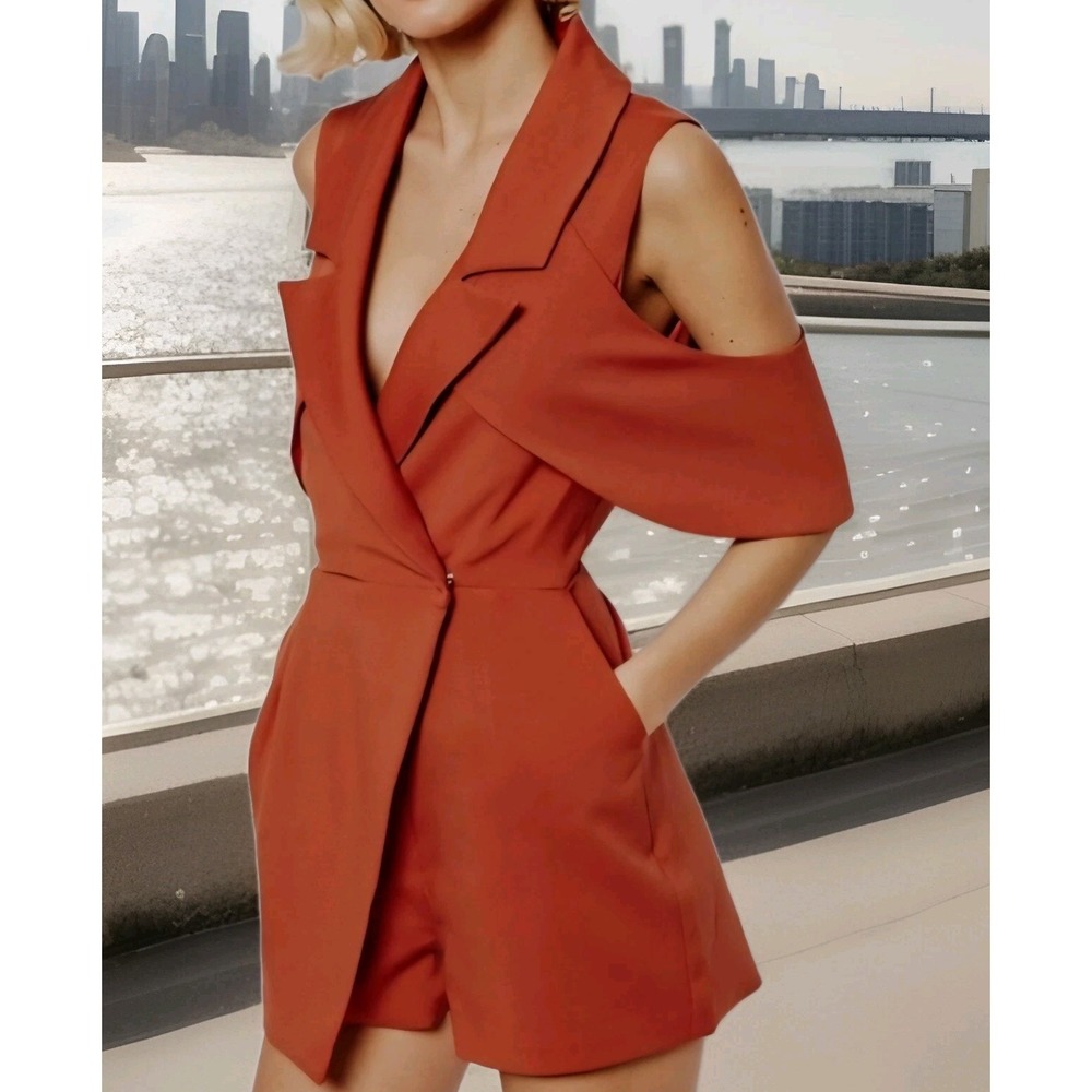 Lavish Alice Romper Womens Sz 6 Open Sleeve Deep Plunge Tailored Orange Onepiece